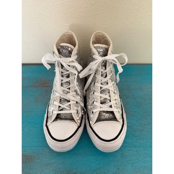 Converse Silver Sequin Chuck Taylor All Star High Top Sneakers Size 7 Womens - Picture 2 of 11